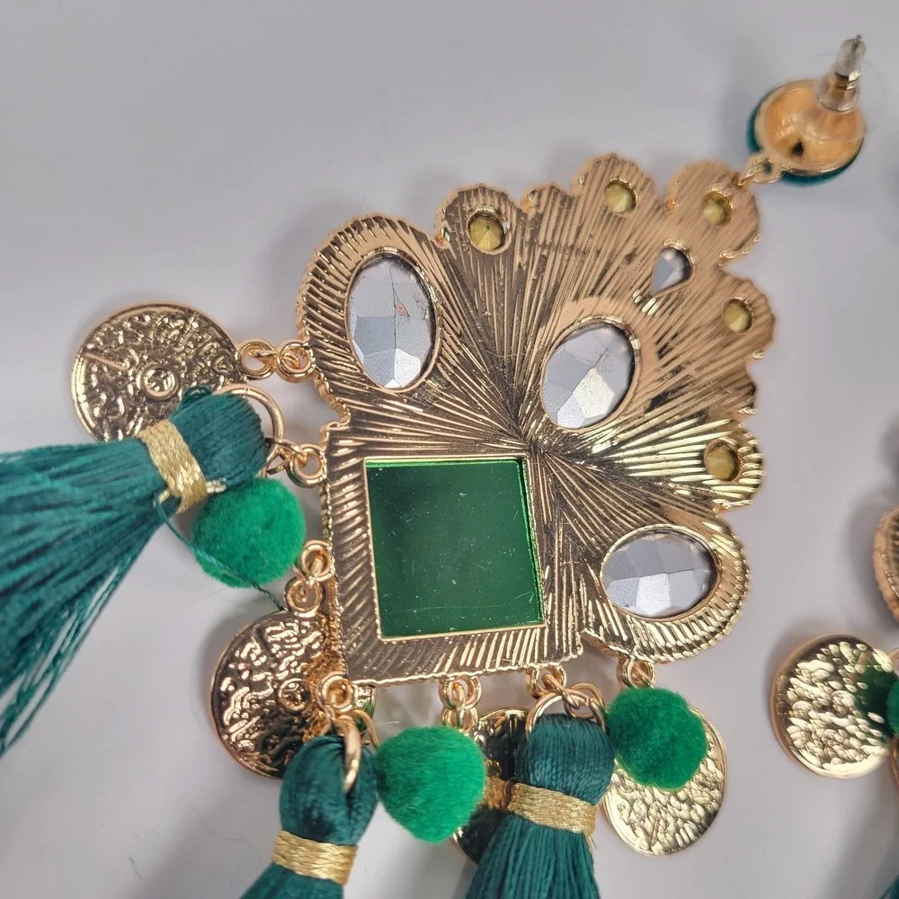 Huge Emerald Green Tassel Chandelier Earrings Rhinestone Dangle Boho Jewelry